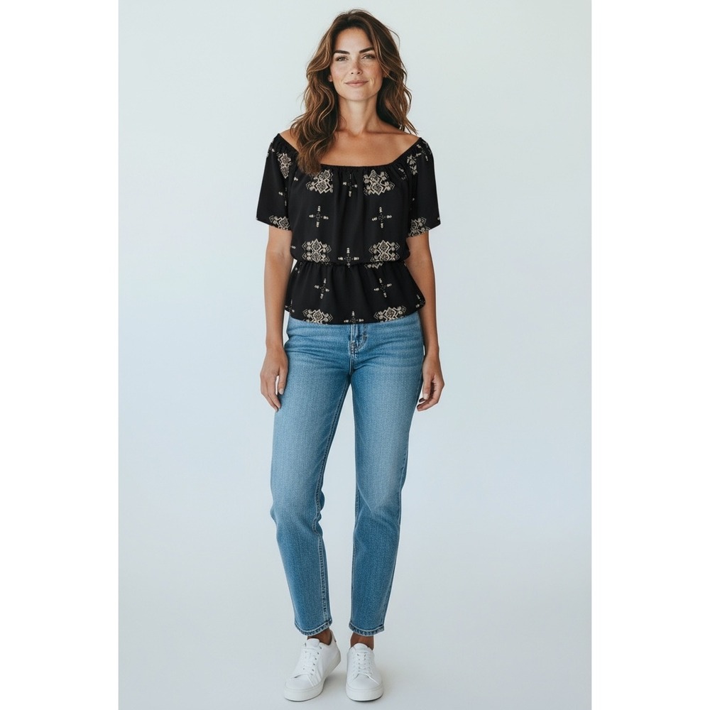 The Impeccable Pig Black Aztec Print Off Shoulder Ruffle Top Size S - Picture 1 of 6